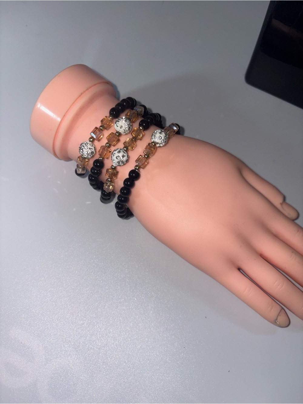 Handmade Black and Gold Beaded Stretch Bracelet Set